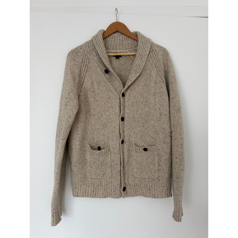 J Crew Mens Shawl Collar Cardigan Sweater Oatmeal Beige Marled Knit Button Front